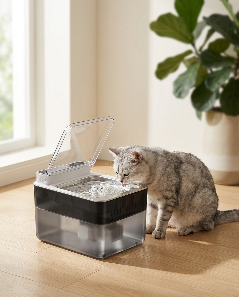 Silver tabby drinking from the Hydra stainless fountain