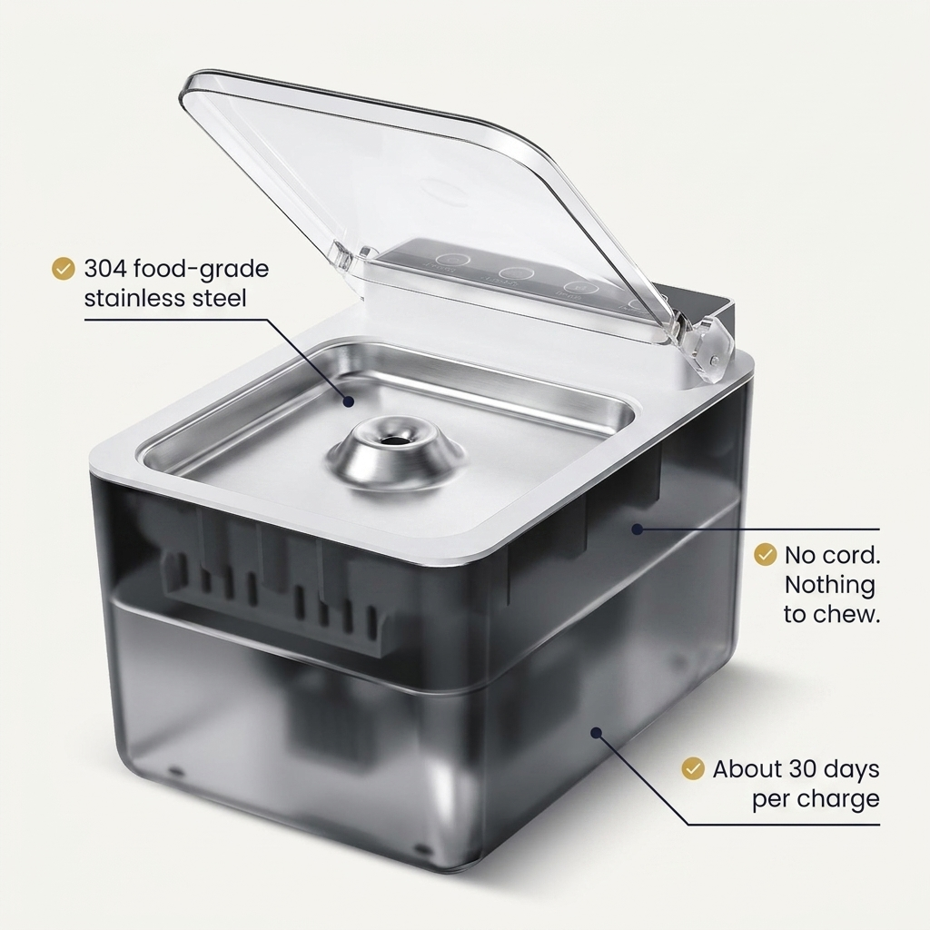 Hydra annotated — stainless steel, no cord, 30 days per charge